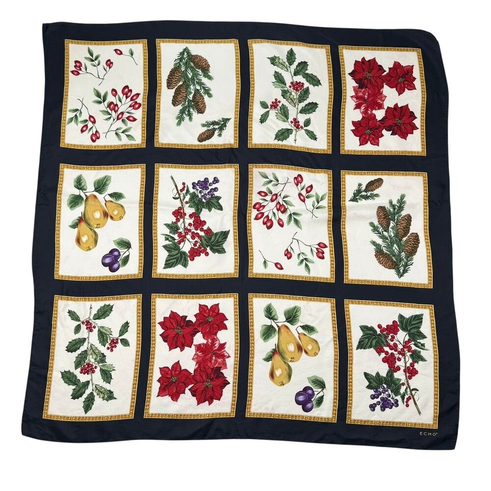 Echo Silk Square Scarf Botanical Floral Fruit Holiday Festive Winter Print 34x35